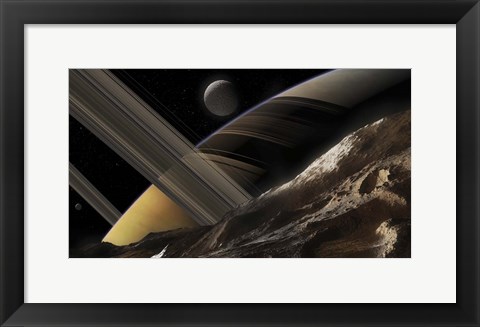 Framed Passing Comet Makes a Close Flypast of Saturn and Two of Its Moons Print