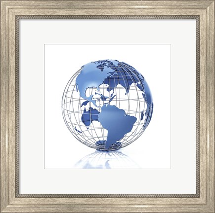 Framed 3D Stylized Earth Globe With Metal Grid, Americas View Print