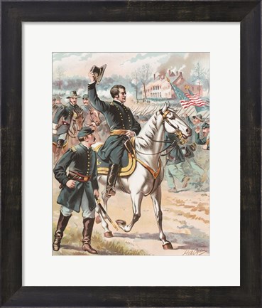 Framed General Joseph Hooker riding on a horse and waving at his troops Print