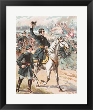 Framed General Joseph Hooker riding on a horse and waving at his troops Print