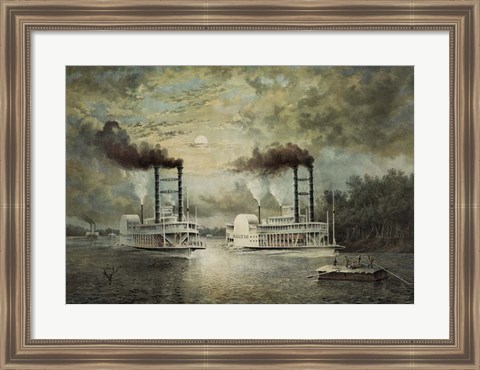 Framed Steamships Baltic and Diana, in a neck-to-neck race on the river Print