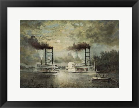 Framed Steamships Baltic and Diana, in a neck-to-neck race on the river Print