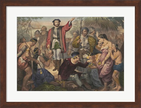 Framed Christopher Columbus among Indians in the New World Print