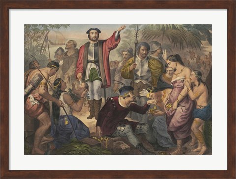 Framed Christopher Columbus among Indians in the New World Print