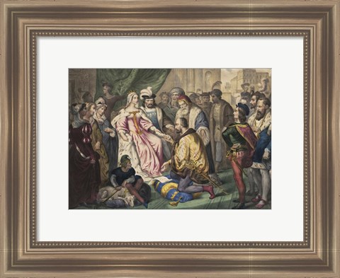 Framed Christopher Columbus kneeling in front of Queen Isabella I Print