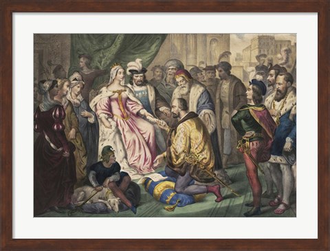 Framed Christopher Columbus kneeling in front of Queen Isabella I Print