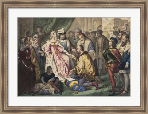 Framed Christopher Columbus kneeling in front of Queen Isabella I Print