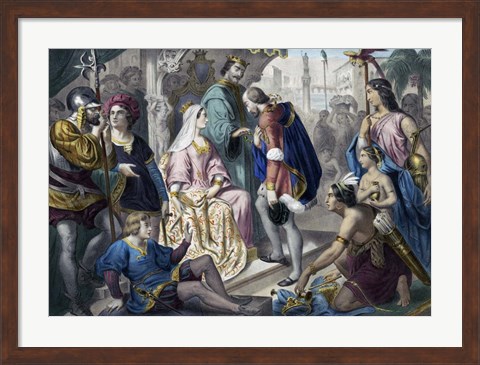 Framed Christopher Columbus Greeted by King Ferdinand and Queen Isabella on his return to Spain Print