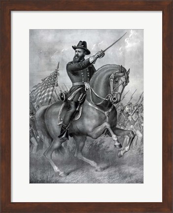 Framed General Benjamin Harrison on horseback, during the Battle of Resaca Print