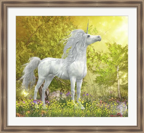 Framed White Unicorn Stallion Stands in a Meadow Full of Flowers Print