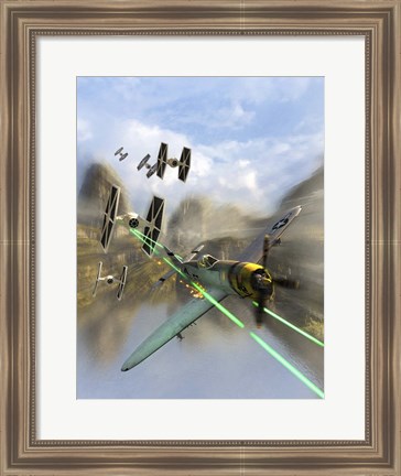 Framed WW II P-47 Thunderbolt Being Chased By Some Tie Fighters of Star Wars Print