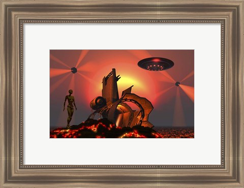 Framed Robotic Androids Searching Out Scrap Materials Print