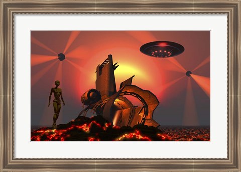 Framed Robotic Androids Searching Out Scrap Materials Print