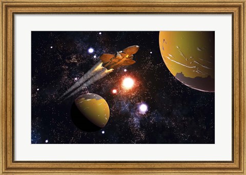 Framed Spaceship Traveling Between Exoplanets Print