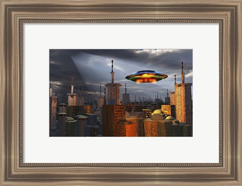 Framed Alien Flying Saucer Flying Over a Futuristic City Print