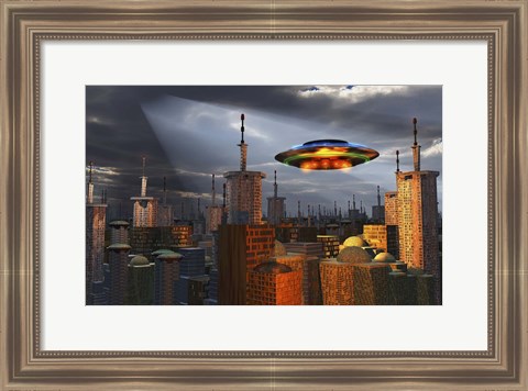 Framed Alien Flying Saucer Flying Over a Futuristic City Print