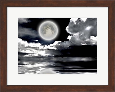 Framed Full Moon Dramatic Clouds Reflected in Calm Wat Print