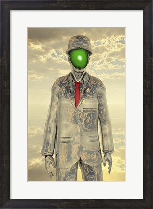 Framed Metallic Man With Face Obscure By Green Apple Print