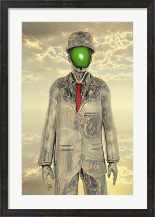 Framed Metallic Man With Face Obscure By Green Apple Print