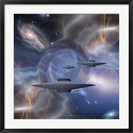 Framed Surreal Digital Art Flying Saucers in Warped Space Print