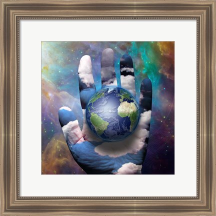 Framed Earth and Hand Before Cosmos Print