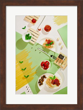 Framed Suprematic Meal: Pasta With Tomato Sauce And Mushrooms Print