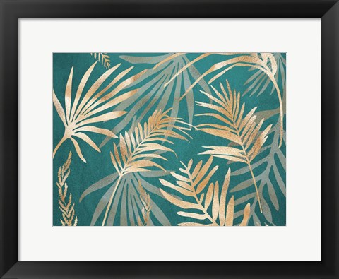 Framed Glam Leaves Teal 1 Print