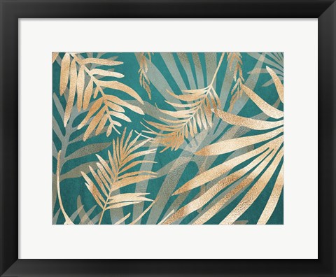 Framed Glam Leaves Teal 2 Print