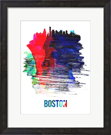 Framed Boston Skyline Brush Stroke Watercolor Print