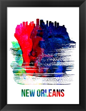 Framed New Orleans Skyline Brush Stroke Watercolor Print