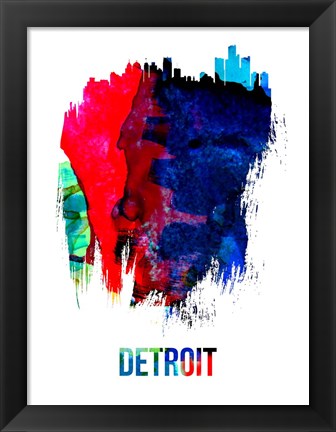 Framed Detroit Skyline Brush Stroke Watercolor Print