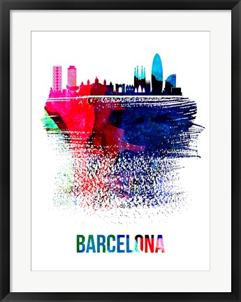 Framed Barcelona Skyline Brush Stroke Watercolor Print