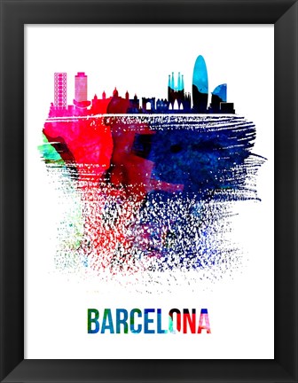 Framed Barcelona Skyline Brush Stroke Watercolor Print