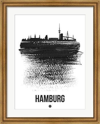 Framed Hamburg Skyline Brush Stroke Black Print
