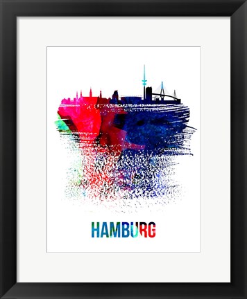 Framed Hamburg Skyline Brush Stroke Watercolor Print