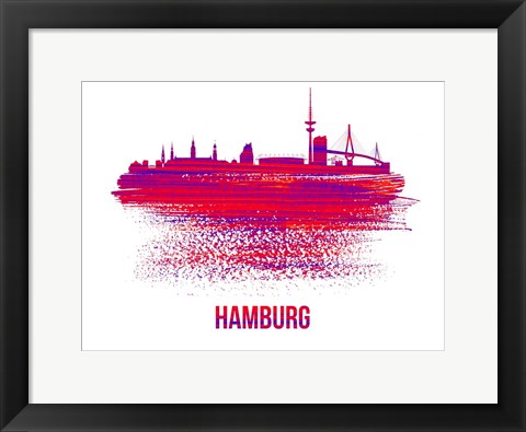 Framed Hamburg Skyline Brush Stroke Red Print