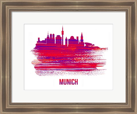 Framed Munich Skyline Brush Stroke Red Print