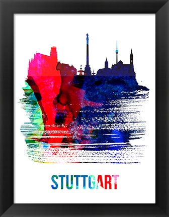 Framed Stuttgart Skyline Brush Stroke Watercolor Print