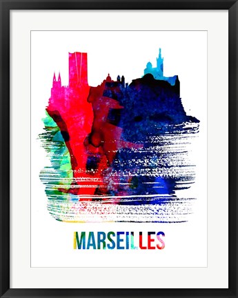 Framed Marseilles Skyline Brush Stroke Watercolor Print