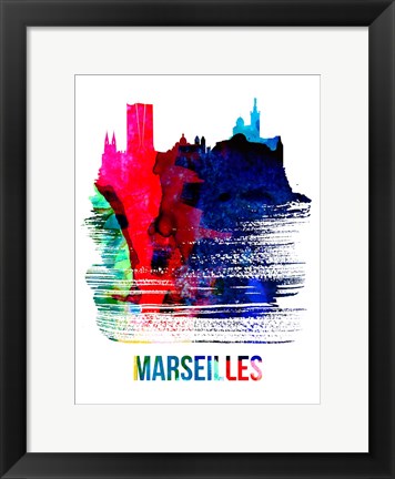 Framed Marseilles Skyline Brush Stroke Watercolor Print