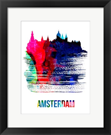 Framed Amsterdam Skyline Brush Stroke Watercolor Print