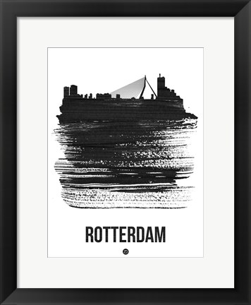 Framed Rotterdam Skyline Brush Stroke Black Print