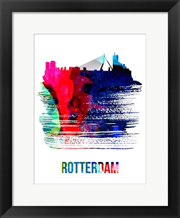 Framed Rotterdam Skyline Brush Stroke Watercolor Print