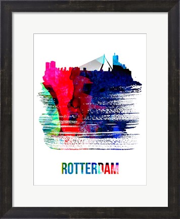 Framed Rotterdam Skyline Brush Stroke Watercolor Print