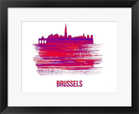 Framed Brussels Skyline Brush Stroke Red Print