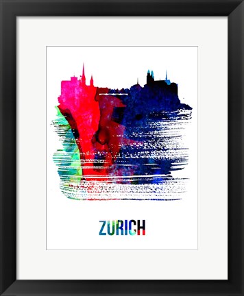 Framed Zurich Skyline Brush Stroke Watercolor Print