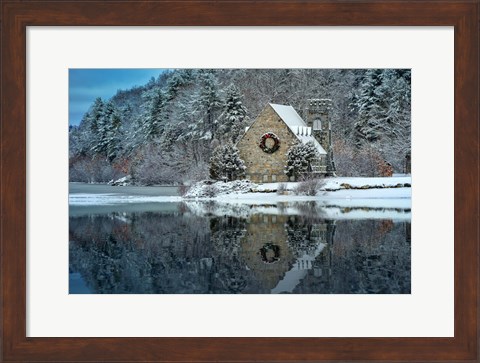 Framed Newfallen Snow at the Old Stone Church Print