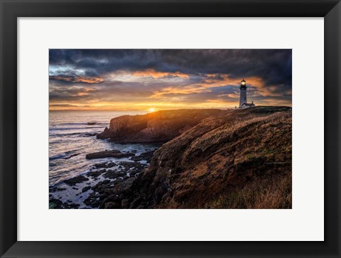 Framed Sunset at Yaquina Head Lighthouse Print