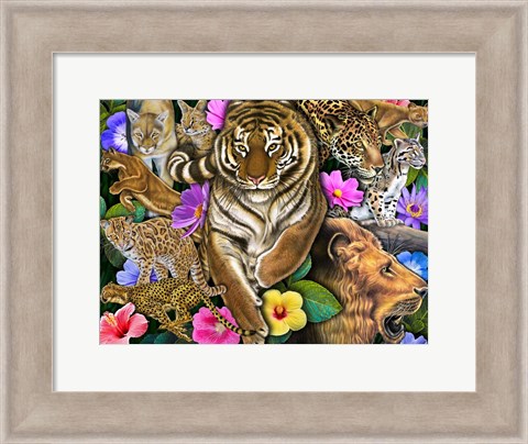 Framed Wild Cats &amp; Flowers Print