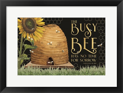 Framed Honey Bees &amp; Flowers Please landscape on black II-Busy Bee Print